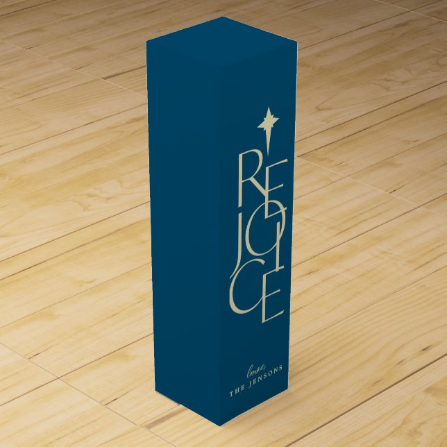Modern, typographic REJOICE & star Christmas Wine Box (Front)