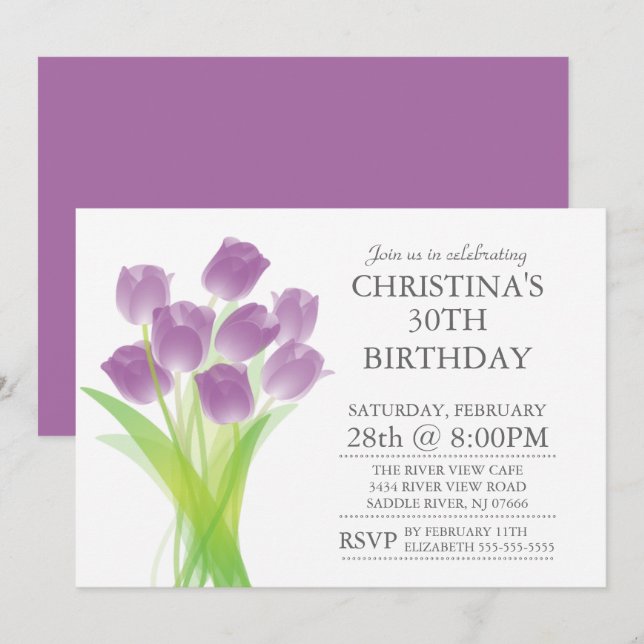 Modern Typographic Tulip Flowers Birthday Party Invitation (Front/Back)