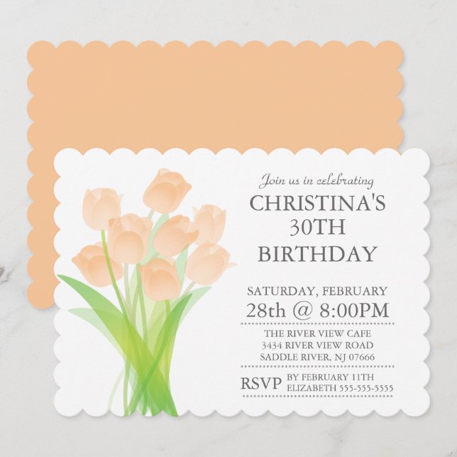 Modern Typographic Tulip Flowers Birthday Party Invitation (Front/Back)