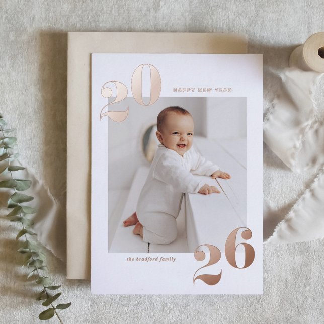 Modern Typography 2026 Happy New Year Gold Foil Holiday Card (Customizable modern photo 2026 Happy New Year card featuring rose gold foil texts.)