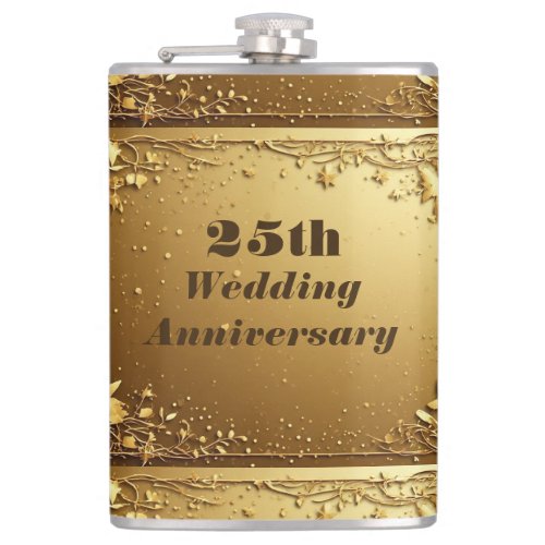 Modern Typography 25 Wedding Anniversary Faux Gold Flask