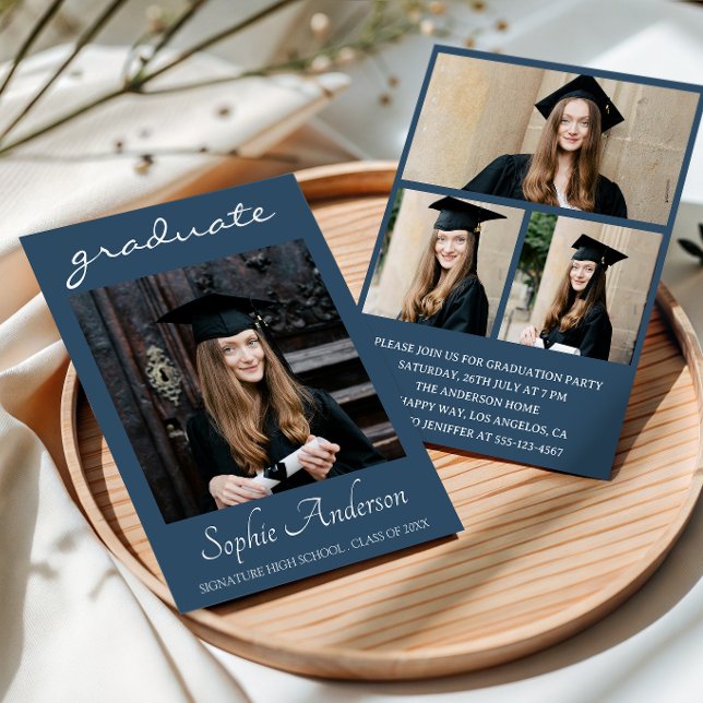 Modern Typography 3 Photo Collage Graduation Party Invitation (Creator Uploaded)