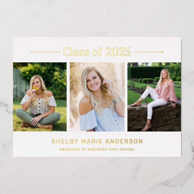 Modern Typography 3 Photo Graduation Party Foil Invitation (Front)
