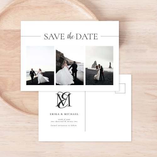 Modern Typography 3 Photo Wedding Save the Date Announcement Postcard