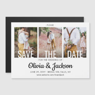 Modern Typography 3 Photo Wedding Save the Date Magnetic Invitation