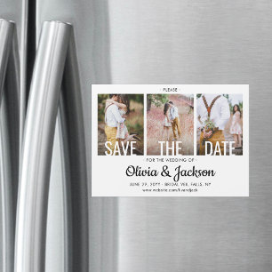 Modern Typography 3 Photo Wedding Save the Date Magnetic Invitation