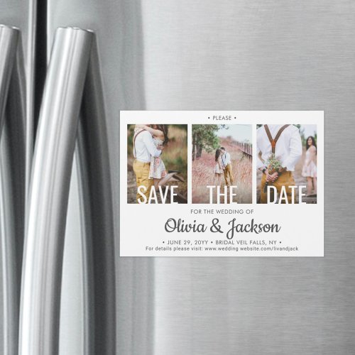 Modern Typography 3 Photo Wedding Save the Date Magnetic Invitation
