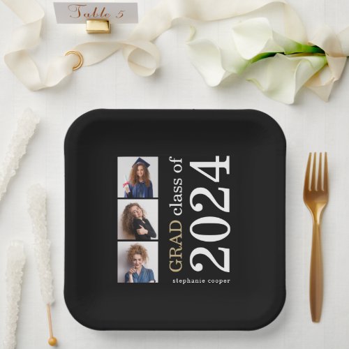 Modern Typography 3 photos Black 2024 Graduation Paper Plates