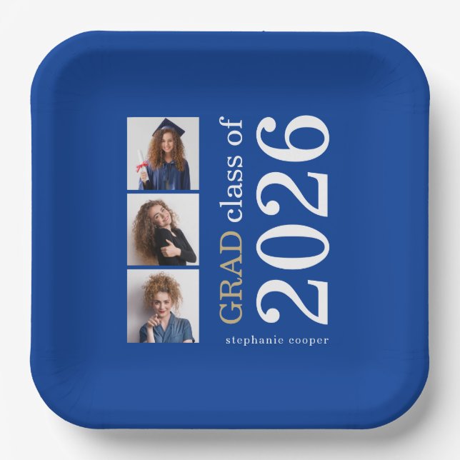 Modern Typography 3 photos Blue 2026 Graduation Paper Plates (Front)