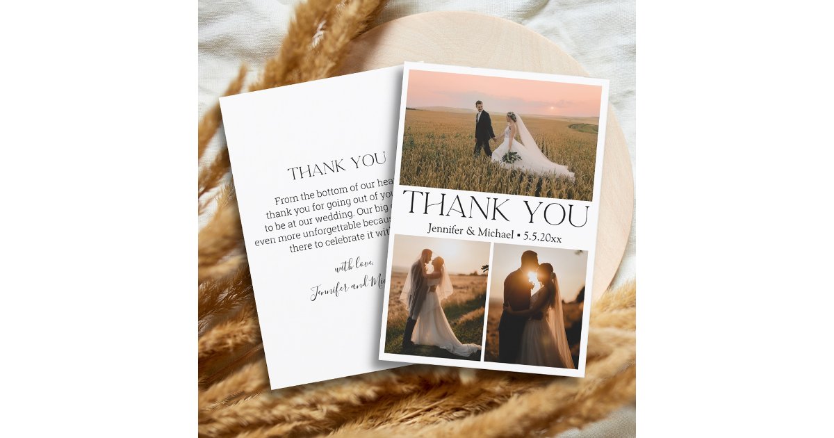 modern typography 3 photos collage wedding thank you card | Zazzle