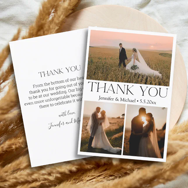 modern typography 3 photos collage wedding thank you card | Zazzle