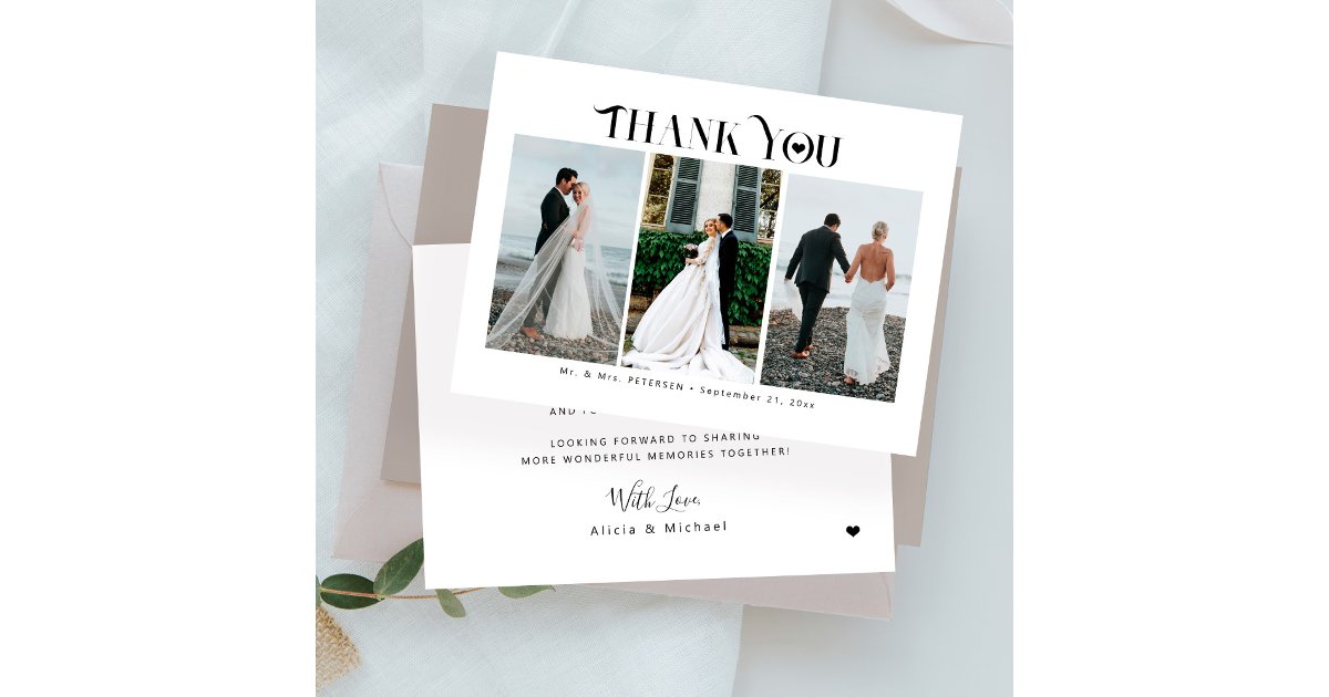 Modern typography 3 photos wedding thank you note card | Zazzle