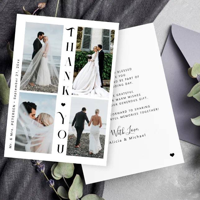 Modern typography 4 photo wedding thank you card | Zazzle