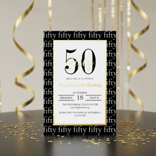 Modern Typography 50th Birthday Party Black Gold  Foil Invitation