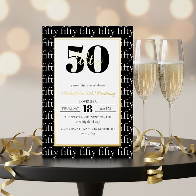 Modern Typography 50th Birthday Party Black Gold Foil Invitation (Creator Uploaded)