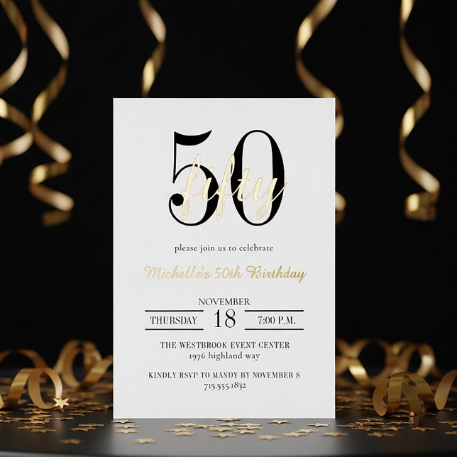 Modern Typography 50th Birthday White Black Gold Foil Invitation (Creator Uploaded)
