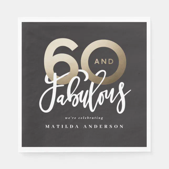Modern typography 60th birthday black and gold napkins | Zazzle