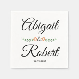 Modern typography and peach flowers wedding napkins