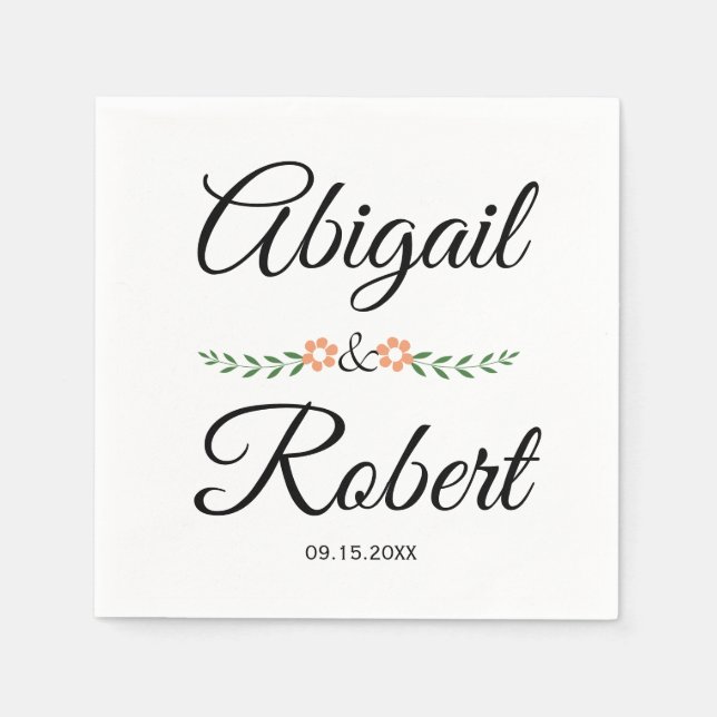 Modern typography and peach flowers wedding napkins (Front)