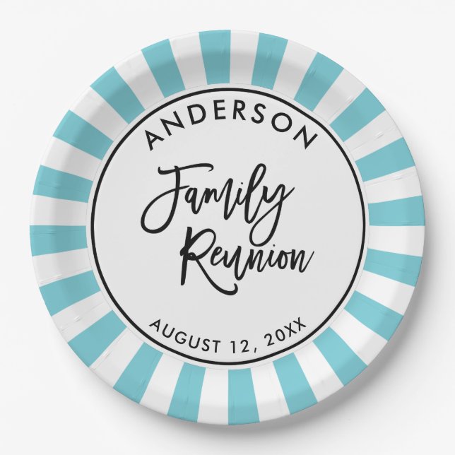 Modern Typography and Stripes Family Reunion Paper Plates (Front)