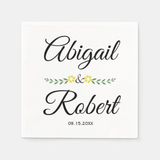 Modern typography and yellow flowers wedding napkins