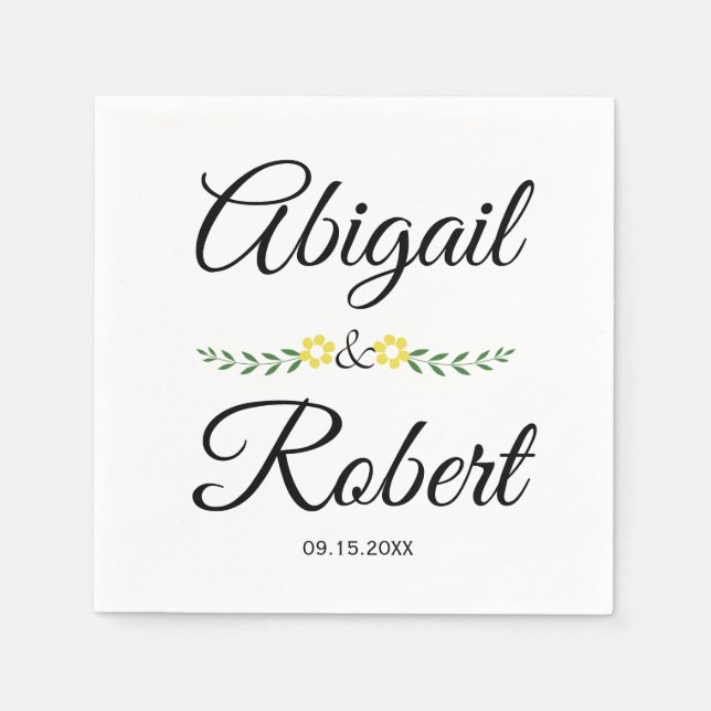 Modern typography and yellow flowers wedding napkins (Front)