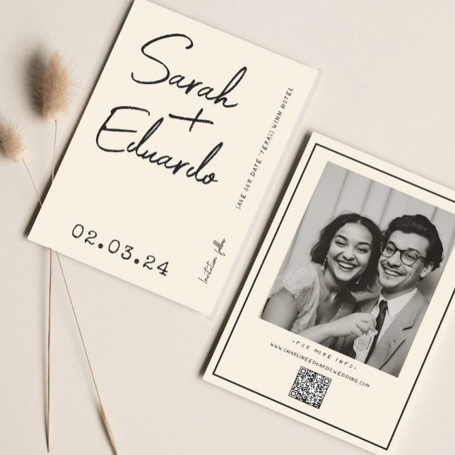 Modern Typography B&W Handwritting Photo Qr Code  Save The Date (Creator Uploaded)
