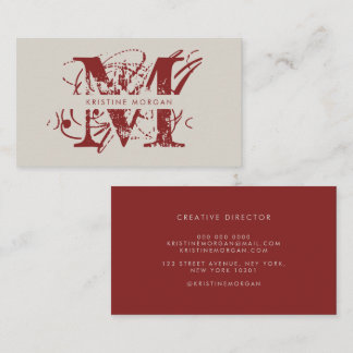 Modern typography beige red monogram name  business card