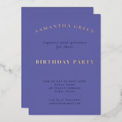 Modern Typography Birthday Purple  Real Gold Foil Invitation