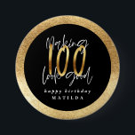 Modern typography black and gold 100th birthday button<br><div class="desc">Modern typography black and gold 100th birthday party</div>