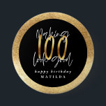 Modern typography black and gold 100th birthday button<br><div class="desc">Modern typography black and gold 100th birthday party</div>