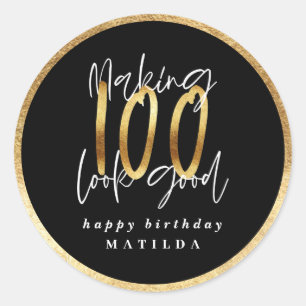 Modern typography black and gold 100th birthday classic round sticker