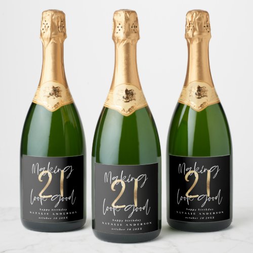 Modern typography black and gold 21st birthday sparkling wine label
