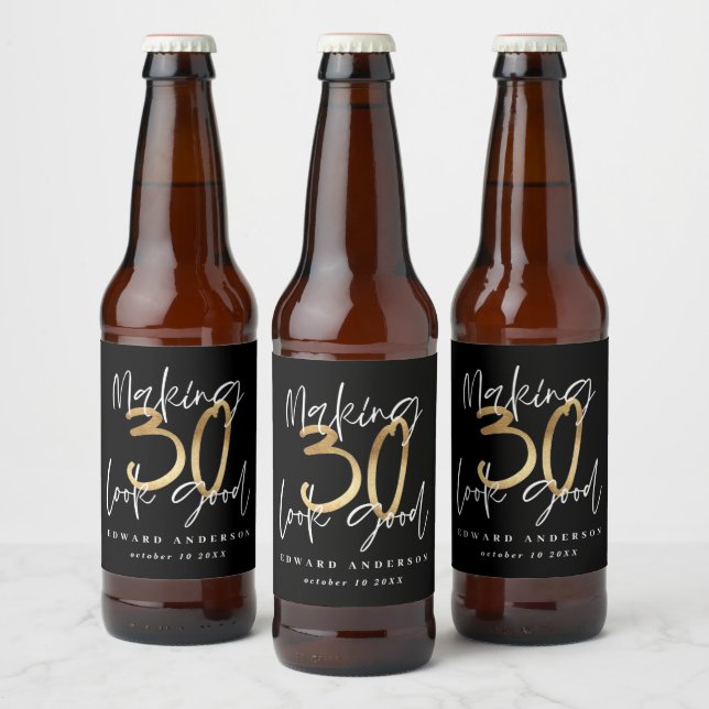 Modern typography black and gold 30th birthday beer bottle label (Bottles)