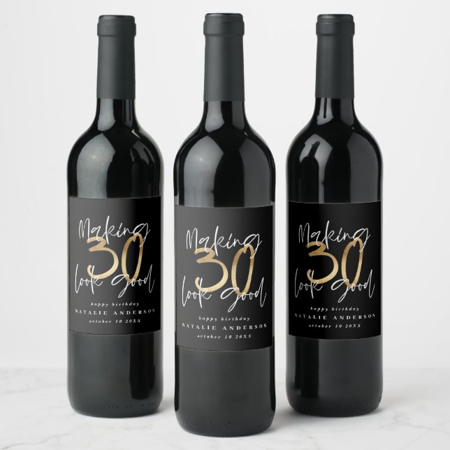 Modern typography black and gold 30th birthday wine label (Bottles)