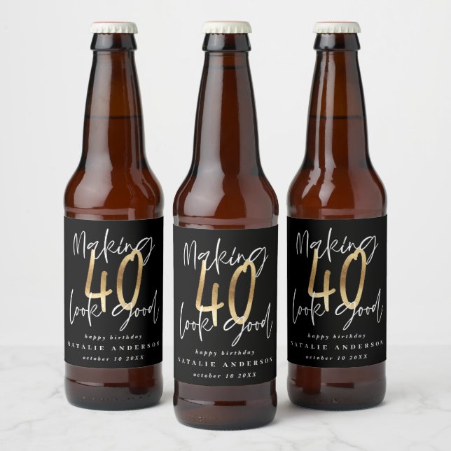 Modern typography black and gold 40th birthday beer bottle label (Bottles)