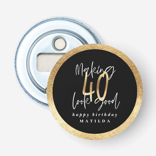 Modern typography black and gold 40th birthday bottle opener (Front)