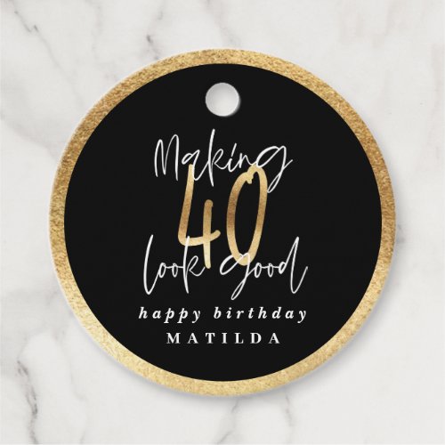 Modern typography black and gold 40th birthday favor tags