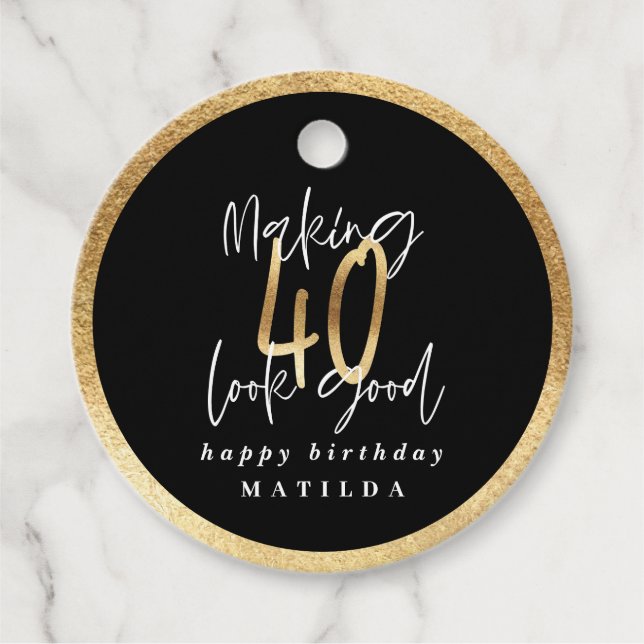 Modern typography black and gold 40th birthday favor tags (Front)