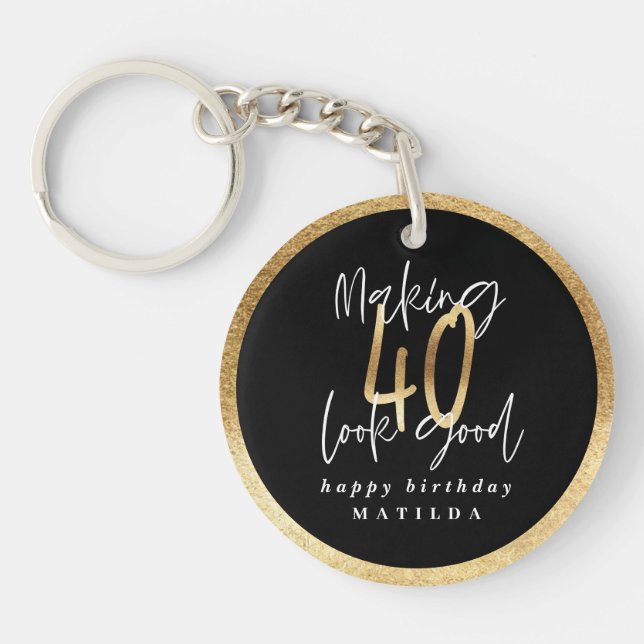 Modern typography black and gold 40th birthday keychain (Front)