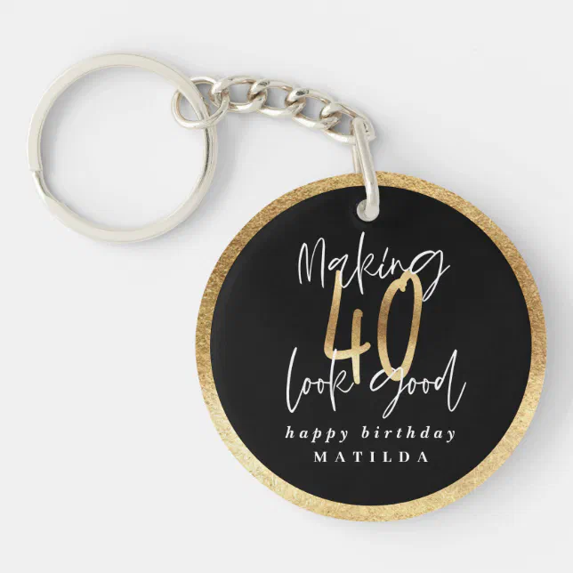 Modern typography black and gold 40th birthday keychain | Zazzle