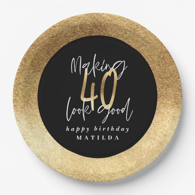 Modern typography black and gold 40th birthday paper plates (Front)