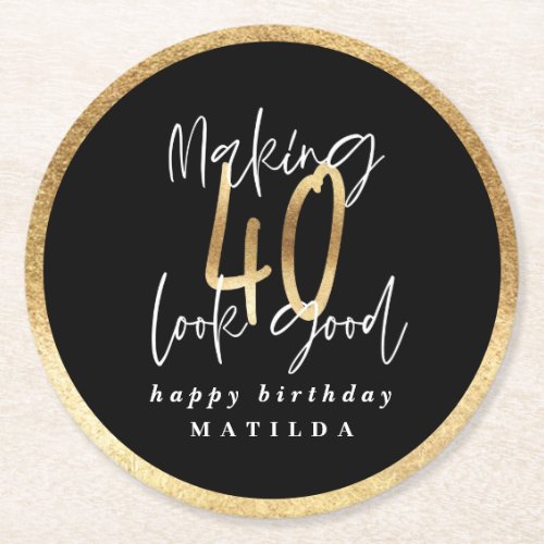 Modern typography black and gold 40th birthday round paper coaster