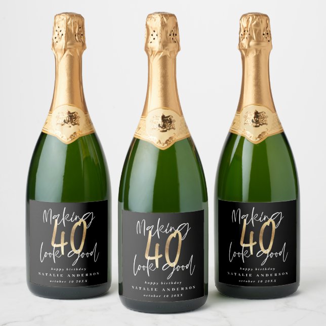 Modern typography black and gold 40th birthday sparkling wine label (Bottles)