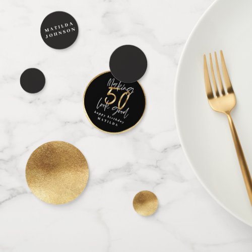 Modern typography black and gold 50th birthday confetti