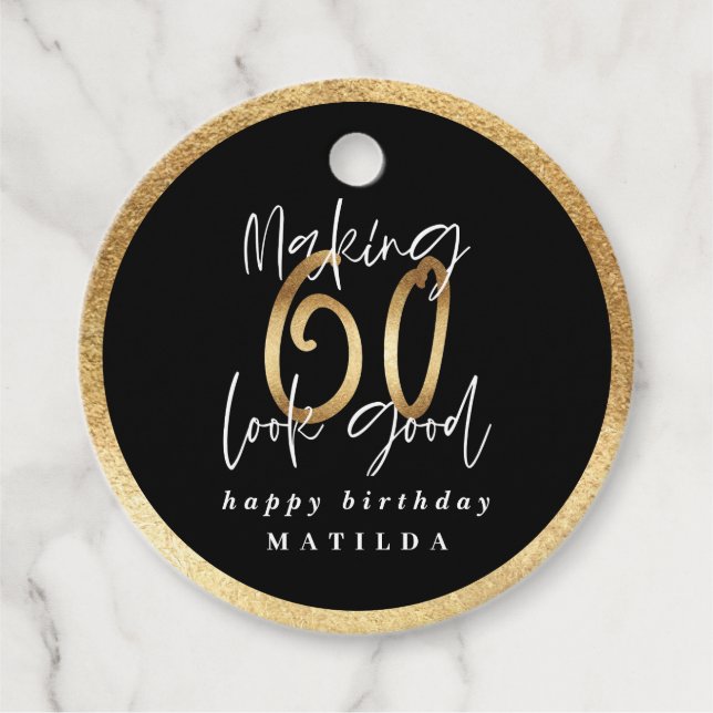Modern typography black and gold 60th birthday favor tags (Front)