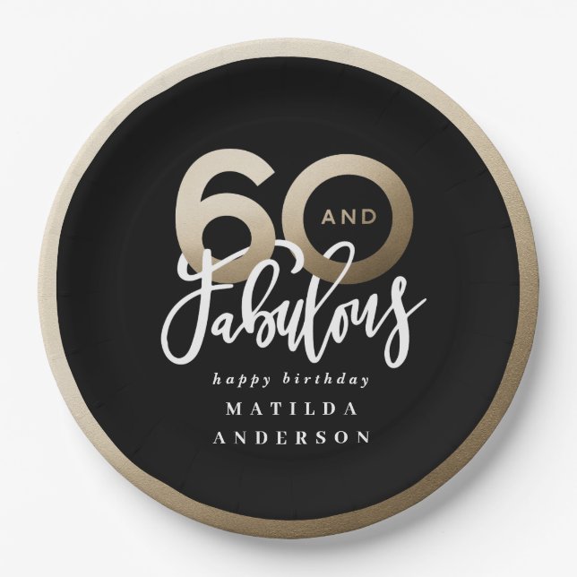 Modern typography black and gold 60th birthday paper plates (Front)