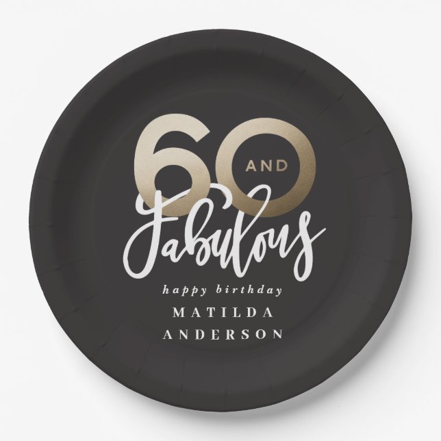 Modern typography black and gold 60th birthday paper plates (Front)