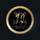 Modern typography black and gold 90th birthday button<br><div class="desc">Modern typography black and gold 90th birthday party</div>