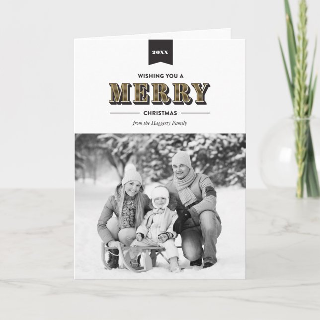 Modern Typography Black and Gold Christmas Card (Front)